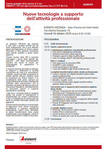 Locandina Evento Vicenza - Nuove tecnologie a supporto dell’attività professionale